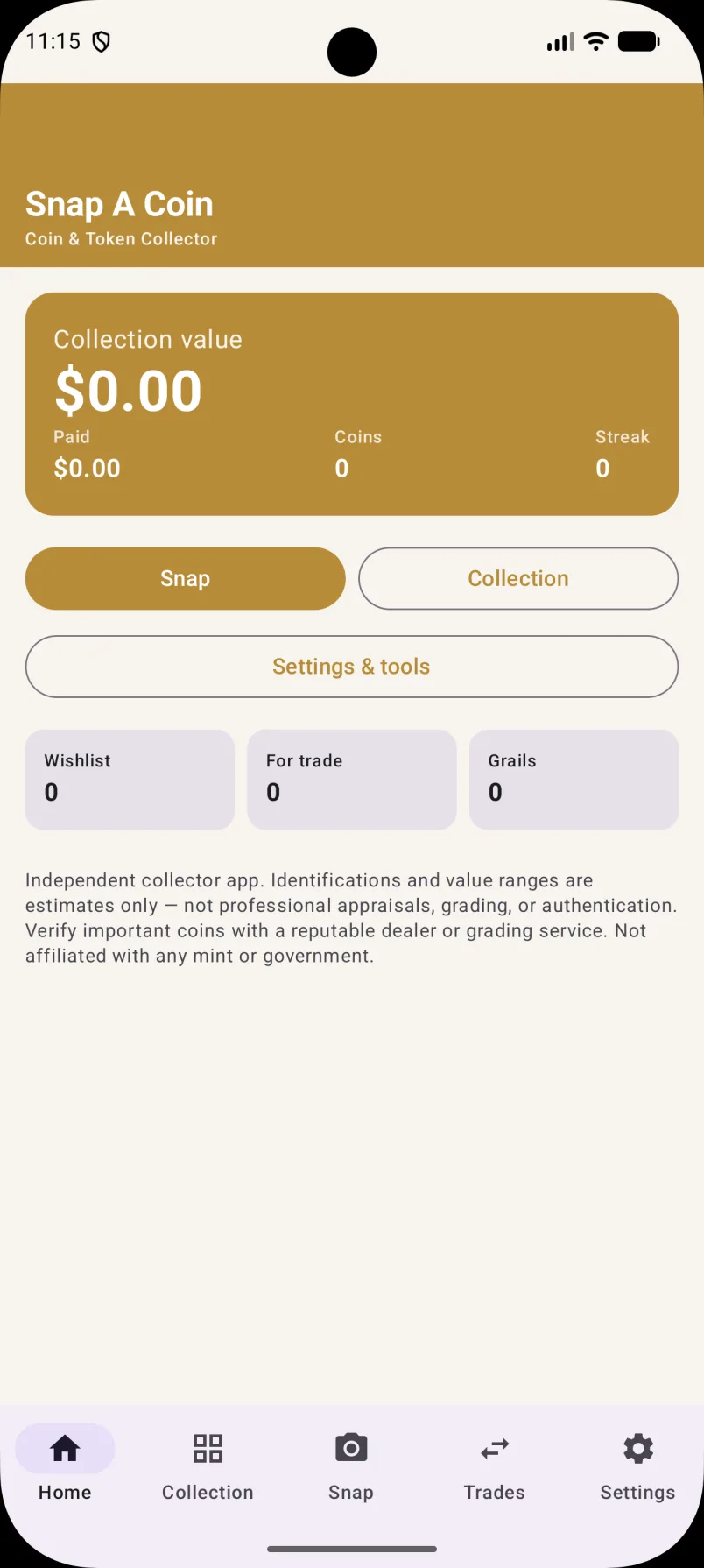 Snap A Coin home: collection value, Snap and Collection actions, wishlist, trades, and grails.
