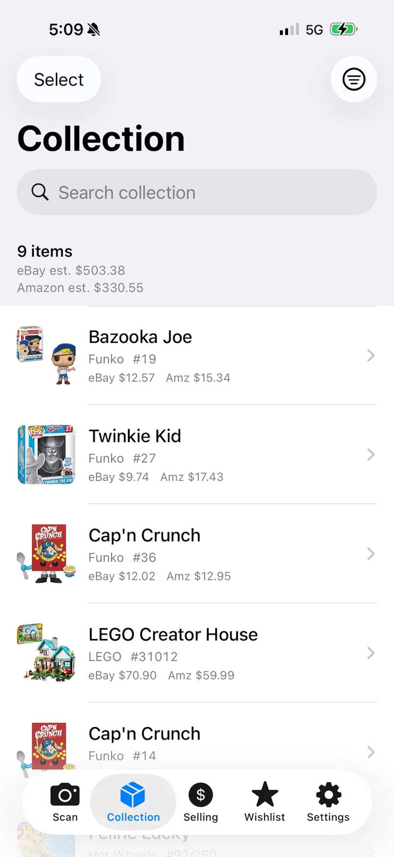 Snap Collectibles collection with Funko, LEGO, and cereal-box entries plus estimated values.