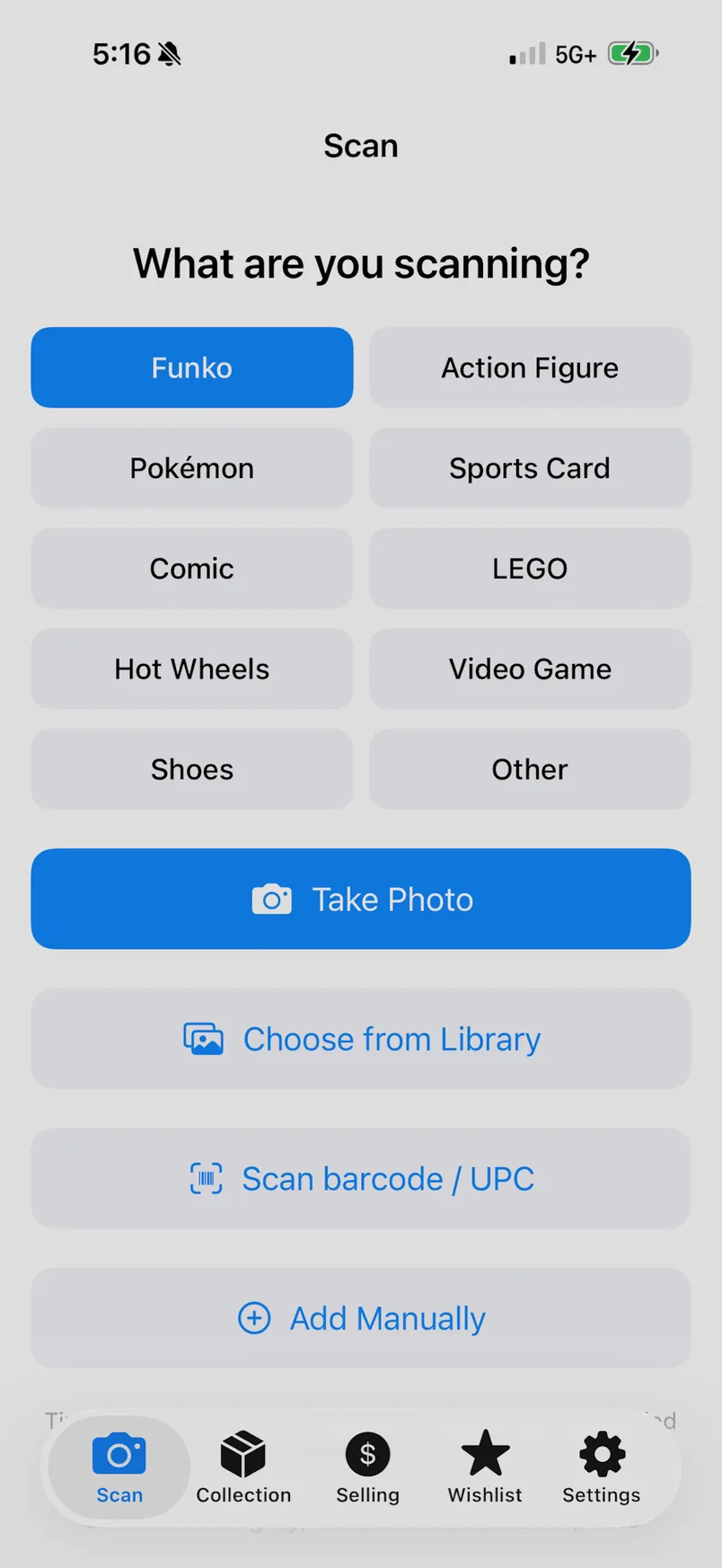 Snap Collectibles scan: Funko, Action Figure, Pokémon, Sports Card, Comic, LEGO, and Take Photo.