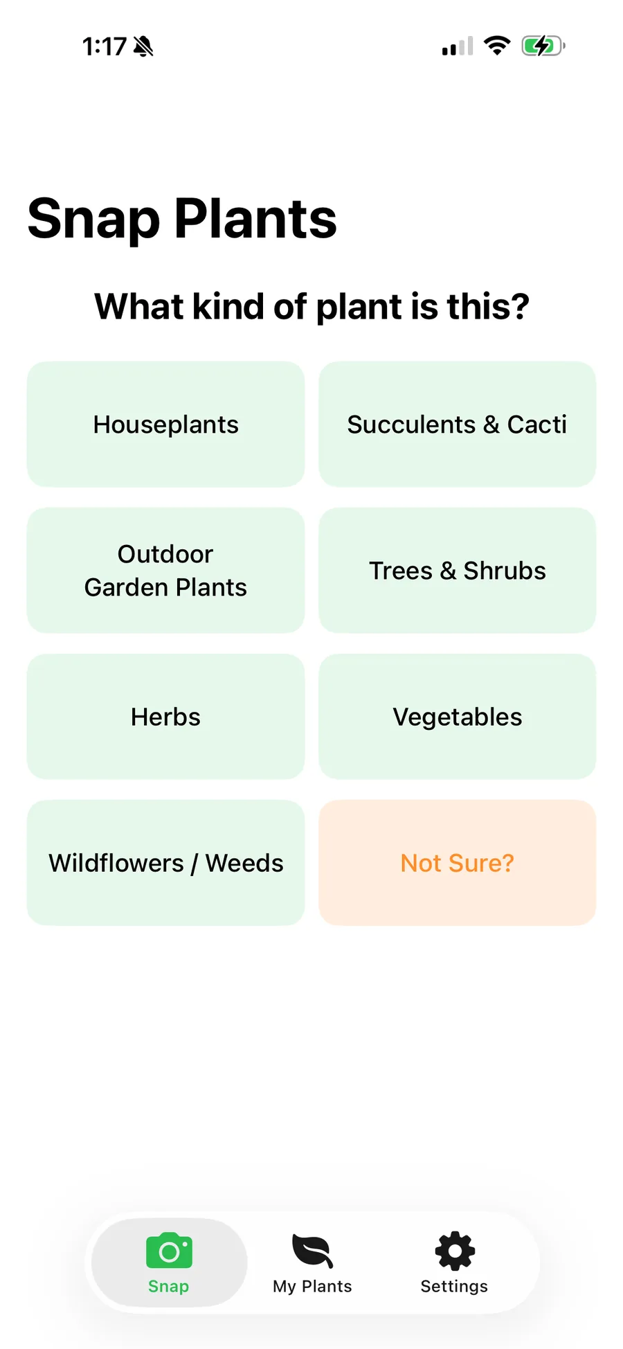Snap Plants: pick a category — houseplants, succulents, garden, trees, herbs, vegetables — then snap.