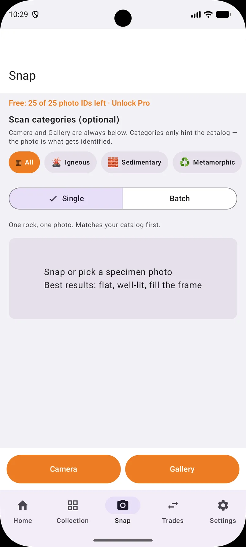 Snap Rocks: scan categories Igneous, Sedimentary, Metamorphic, then Camera or Gallery.